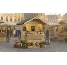 Stand de vente en bois avec pâtisseries, légumes et fleurs sur une place de marché