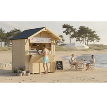 Scène de plage avec stand de glaces, table et chaises sous un parasol.