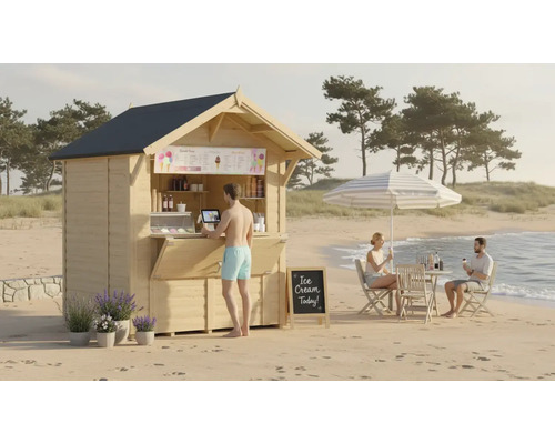 Scène de plage avec stand de glaces, table et chaises sous un parasol.