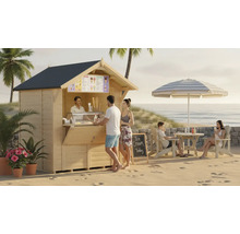 Scène de plage avec un stand de glaces en bois, un parasol et plusieurs personnes