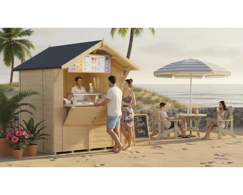 Scène de plage avec un stand de glaces en bois, un parasol et plusieurs personnes