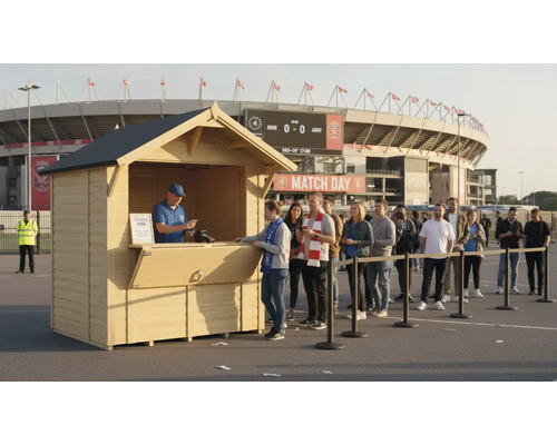 Cabane en bois servant de billetterie pour un stade de football avec une file d'attente.