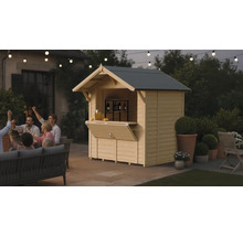 Bar de jardin en bois avec des invités dans le jardin