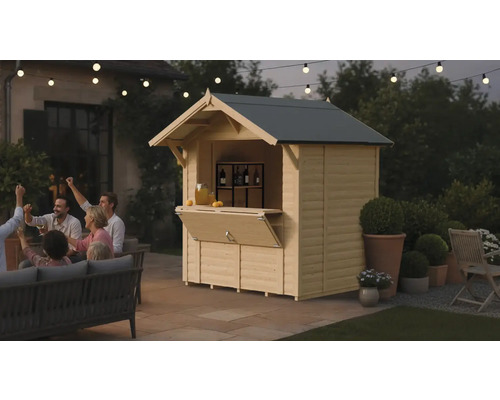 Bar de jardin en bois avec des invités dans le jardin