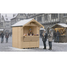 Stand de vente en bois sur un marché de Noël avec de la neige