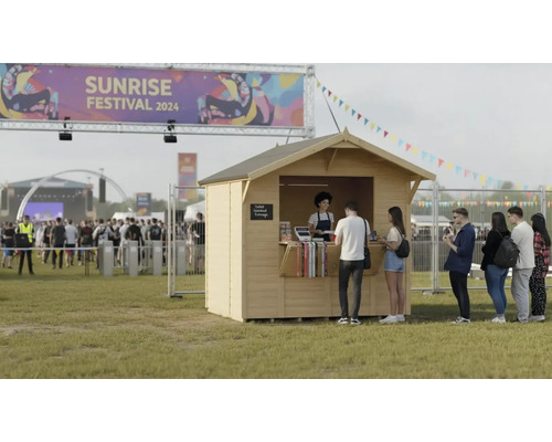 Petite maison de jardin en bois lors d'un événement musical avec une file d'attente devant
