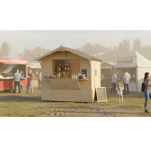 Stand de vente en bois sur un marché avec des food trucks et des personnes