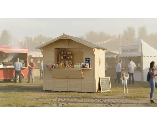 Stand de vente en bois sur un marché avec des food trucks et des personnes