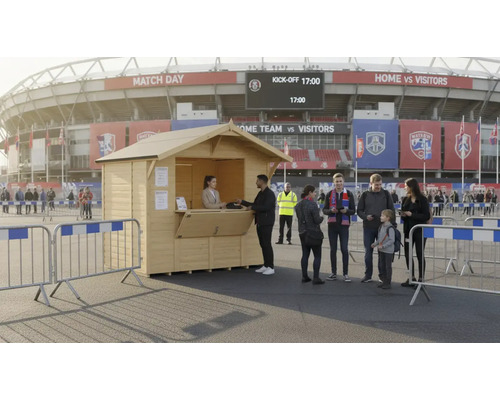 Cabane en bois comme stand de vente devant un stade de football avec des personnes