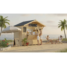 Cabane à glace en bois sur la plage avec des clients, parasol et chaises longues