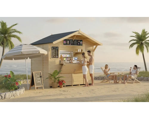 Cabane à glace en bois sur la plage avec des clients, parasol et chaises longues