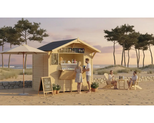 Scène de plage avec un stand de glaces en bois, parasol, tables et chaises.