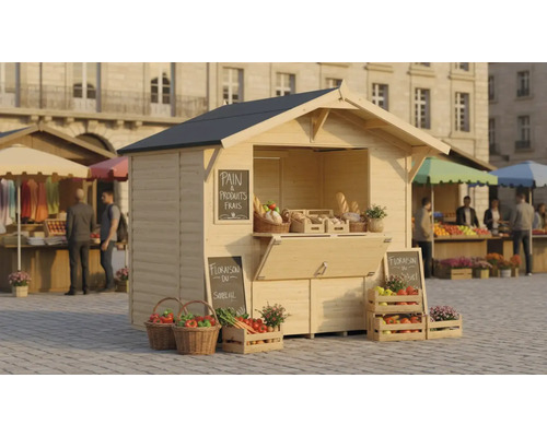 Stand de vente en bois sur une place de marché avec des produits de boulangerie et des légumes