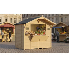 Stand de vente en bois avec des produits alimentaires sur une place de marché