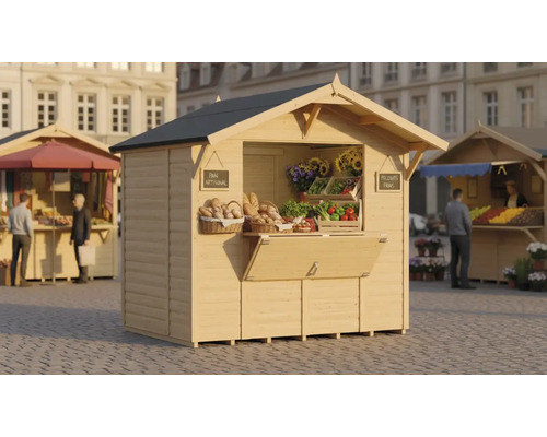 Stand de vente en bois avec des produits alimentaires sur une place de marché