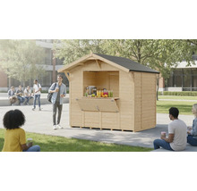 Kiosque en bois avec toit en pupitre, ouverture de vente et personnes autour, à l'extérieur