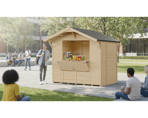 Kiosque en bois avec toit en pupitre, ouverture de vente et personnes autour, à l'extérieur