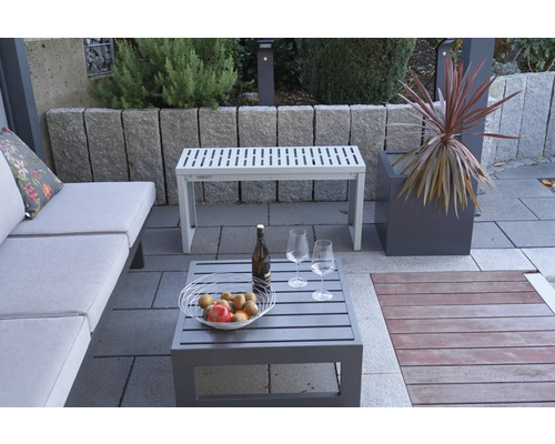 Gartenszene mit Sitzbank, Sofa, Tisch, Obstschale, Flasche und Gläsern