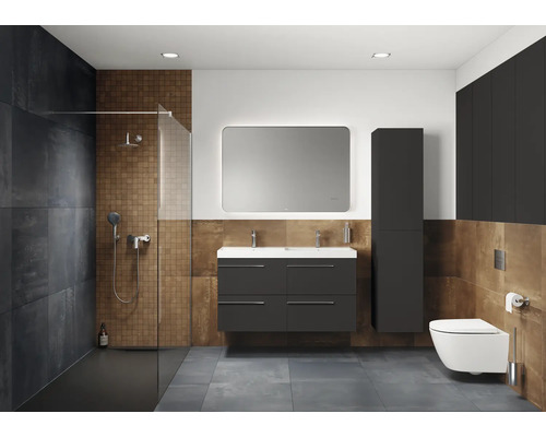 Modernes Badezimmer mit Dusche, Waschtisch, Spiegel und Toilette.