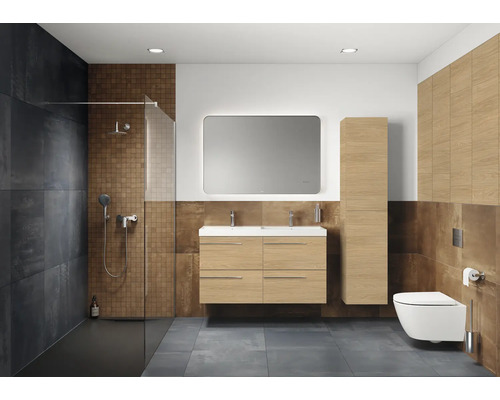 Badezimmer mit Dusche, Waschtisch, Spiegel, Hängeschrank und Hänge-WC