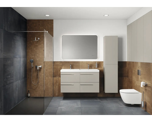 Badezimmer mit Dusche, Waschtisch, Spiegel, Spiegelschrank und Toilette in modernem Design
