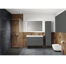 Modernes Badezimmer mit Dusche, Waschtisch, Spiegelschrank, Toilette und grauen Möbeln