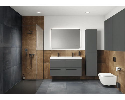 Modernes Badezimmer mit Dusche, Waschtisch, Spiegelschrank und Toilette in Grau und Braun