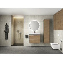 Modernes Badezimmer mit Dusche, Waschtisch mit Spiegel, Hochschrank und Toilette