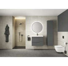Modernes Badezimmer mit Dusche, Waschtisch mit Spiegel, Toilette und grauem Farbkonzept