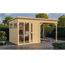 Abri de jardin en bois avec bureau et chaise longue sous un abri