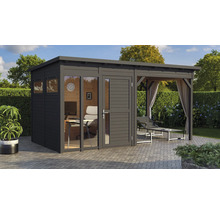 Maison de jardin moderne avec bureau et terrasse couverte dans le jardin.