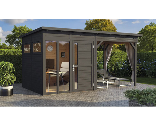 Maison de jardin moderne avec bureau et terrasse couverte dans le jardin.