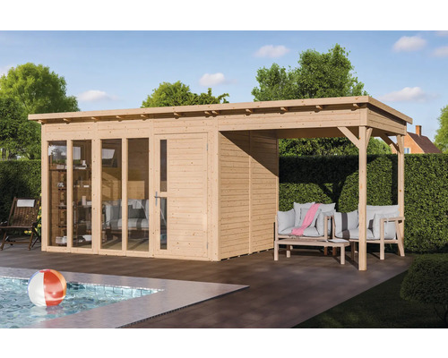 Maison de jardin en bois avec toit et piscine dans le jardin