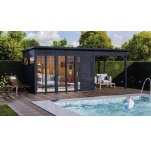 Maison de jardin moderne avec piscine et terrasse pour l'extérieur.