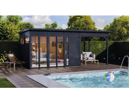 Maison de jardin moderne avec piscine et terrasse pour l'extérieur.