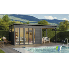 Maison de jardin moderne en bois avec piscine et terrasse pour l'extérieur