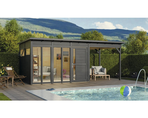 Maison de jardin moderne en bois avec piscine et terrasse pour l'extérieur