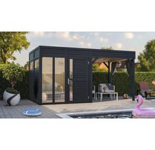 Abri de jardin avec terrasse et piscine dans le jardin