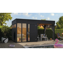 Abri de jardin avec terrasse et piscine dans le jardin