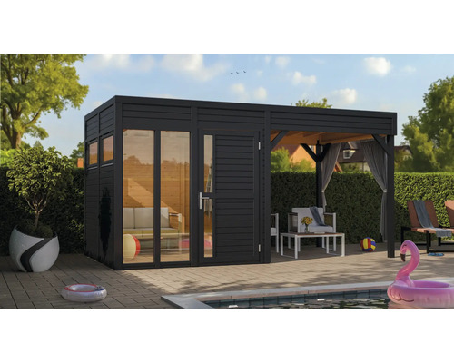 Abri de jardin avec terrasse et piscine dans le jardin