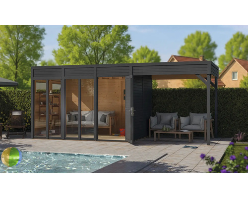 Poolhouse avec portes coulissantes et terrasse couverte à côté d'une piscine