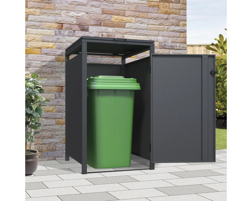 Mülltonnenbox mit geöffneter Tür und grüner Mülltonne