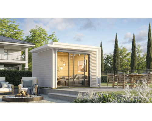 Gartenhaus weka Amberley inkl. Fußboden 350 x 353 cm grau-weiß Modernes Gartenhaus mit Schiebetür und angrenzendem Sitzbereich mit Feuerstelle