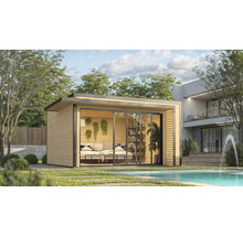 Maison de jardin moderne avec portes coulissantes et piscine en arrière-plan.