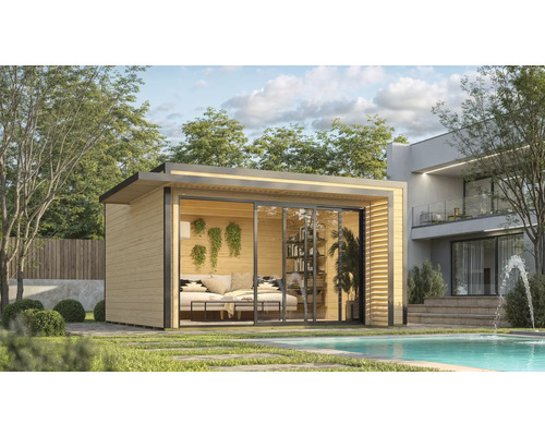 Maison de jardin moderne avec portes coulissantes et piscine en arrière-plan.