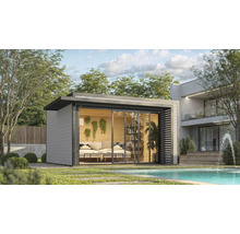 Abri de jardin moderne avec portes coulissantes à côté d'une piscine