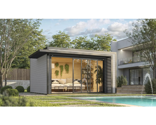 Abri de jardin moderne avec portes coulissantes à côté d'une piscine