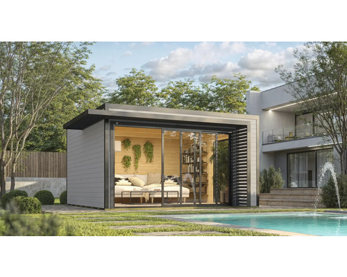 Maison de jardin moderne avec portes coulissantes à côté d'une piscine