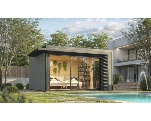 Maison de jardin moderne en bois avec portes coulissantes à côté d'une piscine