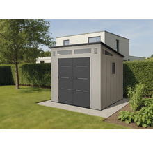 Abri de jardin avec double porte et fenêtre dans le jardin